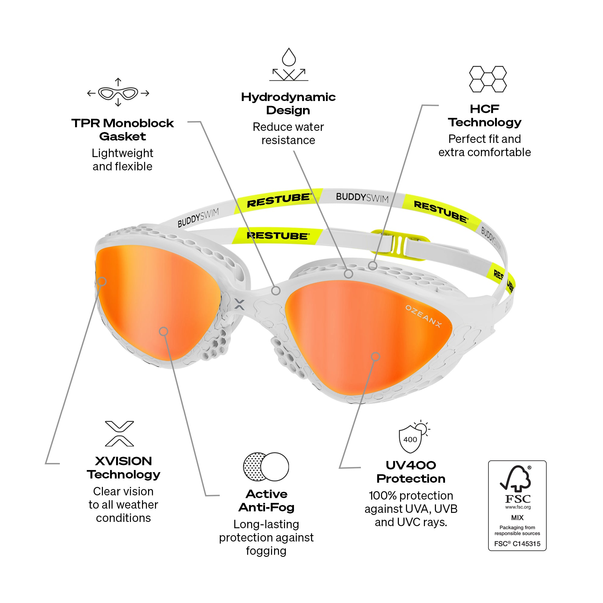 Restube Ozeanx lunettes de natation miroir blanc/orange